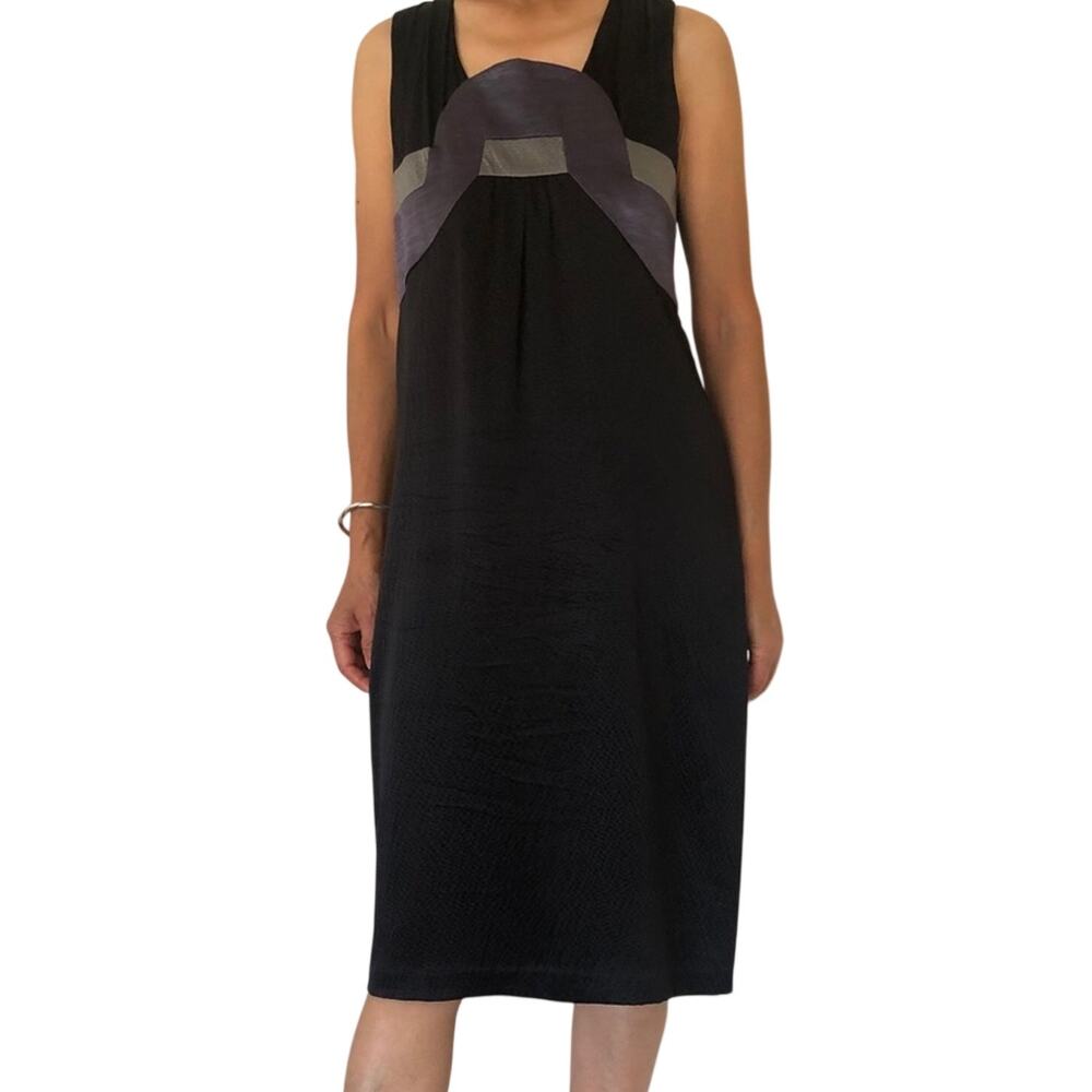 Stefanel Black Silk Geometric Midi Dress Italy Quiet Luxury Size 4 Party Italian